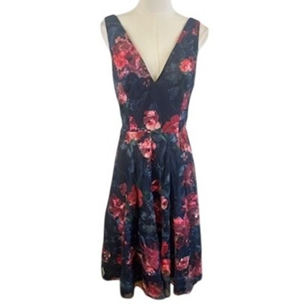 Eliza J Navy Floral Fit and Flare Dress Wedding Guest Party Cocktail Size 10
